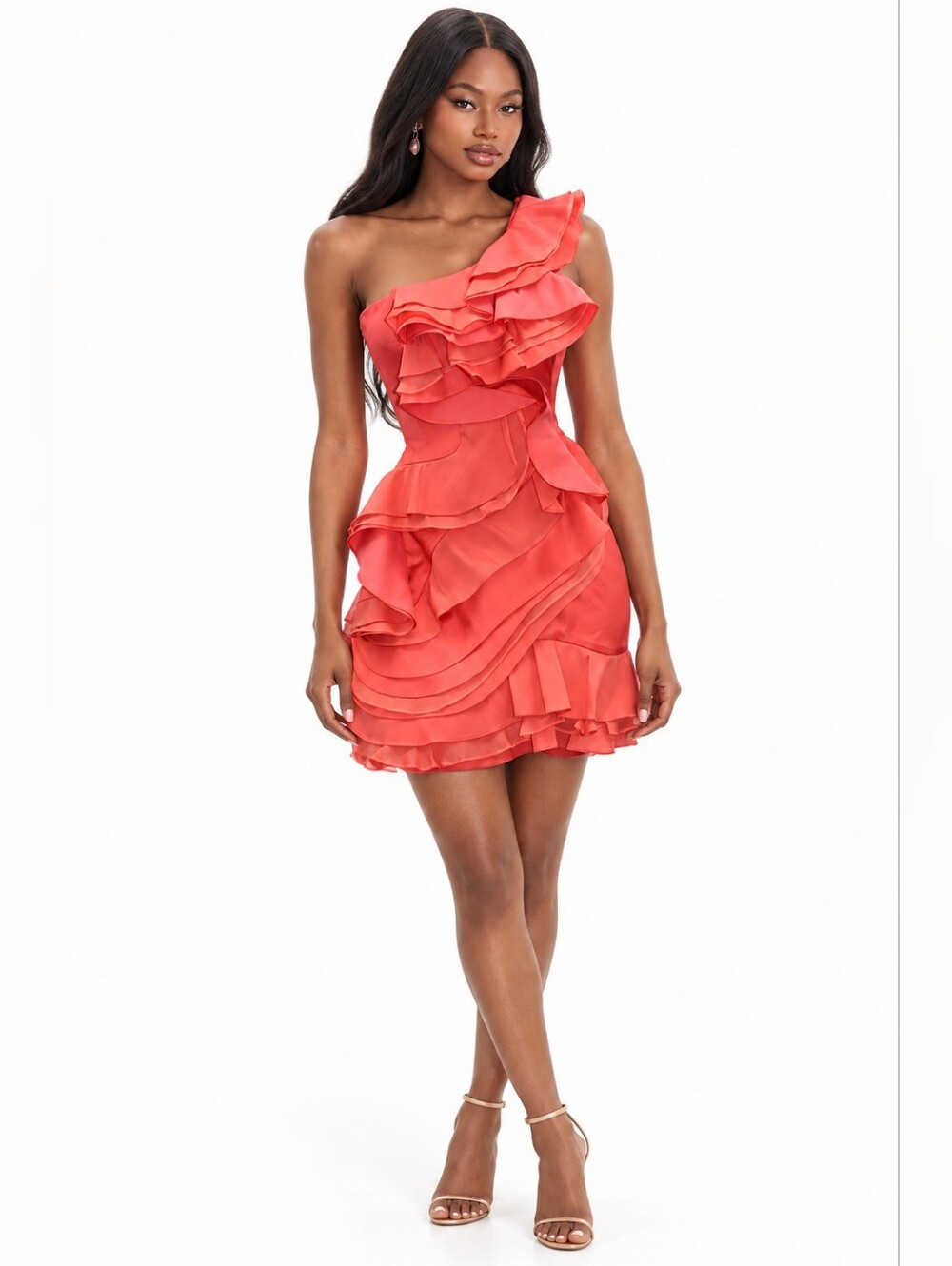 BCBGMaxAzria Coral One-Shoulder Ruffle Dress 8